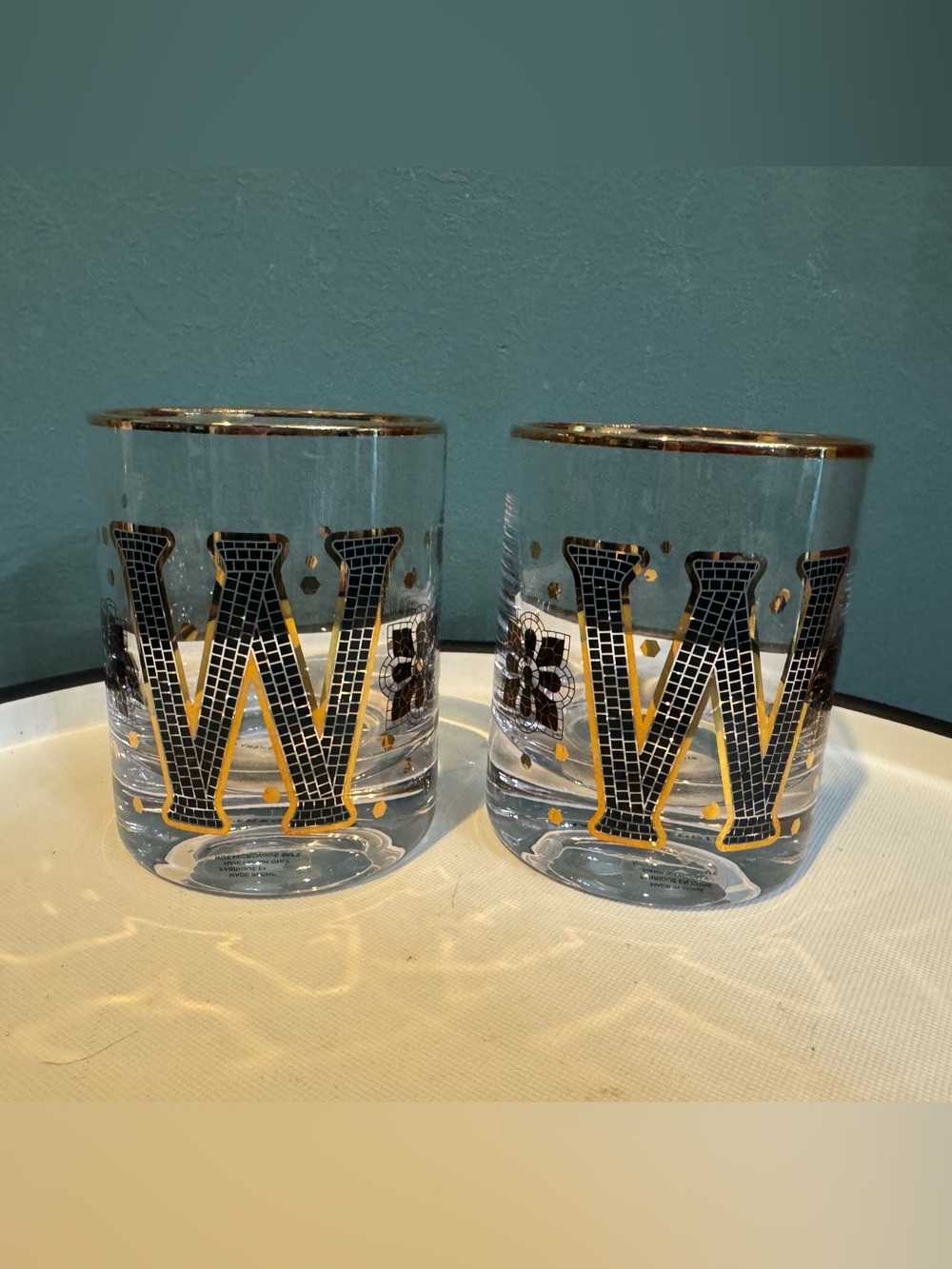 Pair of Anthropologie Bistro Tile Monogram High Ball Glasses - W initial